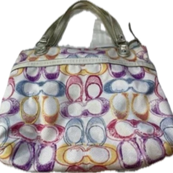 Large Coach Colorful Patterned Women's Bag- metallic handles, canvas Monogram C - Picture 16 of 16